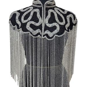 Silver and Black Wavy Hand Beaded Fringe Cape
